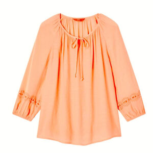 Peach Boho Blouse with Embroidery detail, pop over w/Front Tie loose Fit sz L